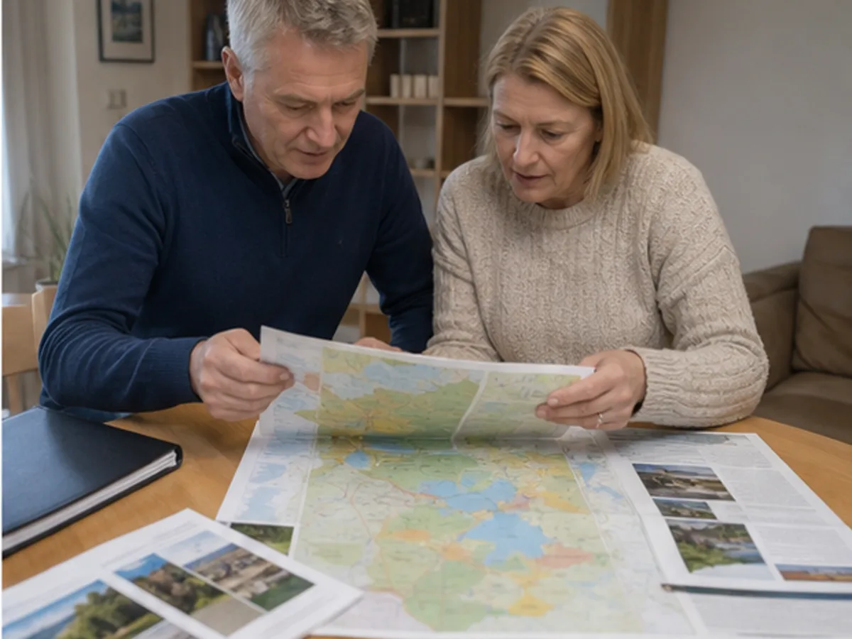 Eigentümer besprechen Regionskarte und Ferienimmobilien-Unterlagen